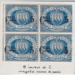 1892 SAN MARINO, n° 8p/8y/8/8 5c. su 10c. azzurro blocco di 4 MLH/MNH