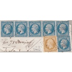 1853-60 FRANCIA, Frammento affrancato con n. 13 II + 14 I striscia di 5 + 14 II