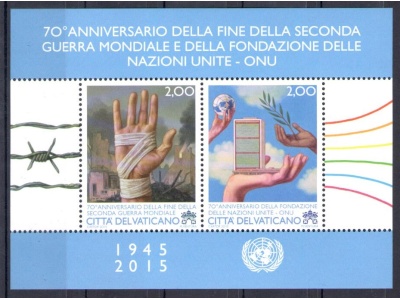 2015 Vaticano , 70 Anniversario Fine Seconda Guerra Mondiale e della Fondazione Nazioni Unite, Foglietto n. 85 MNH **