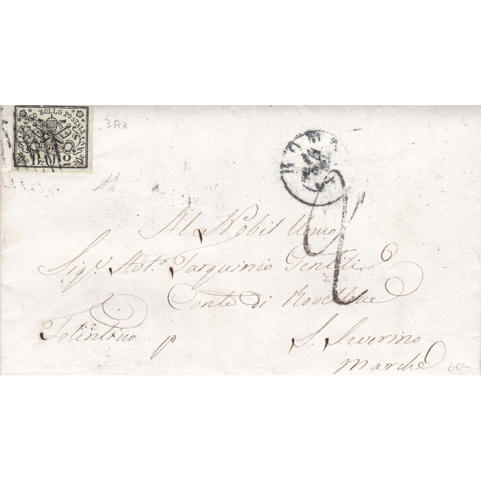 1852 Stato Pontificio, 2 baj bianco verdastro n° 3Aa su lettera da Roma per San Severino Marche Firma A.Diena