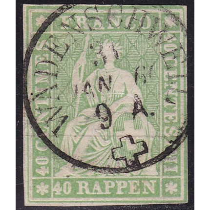 1855-57 SVIZZERA, Catalogo Unificato n. 30d - 40 rappen verde - Firmato Raybaudi