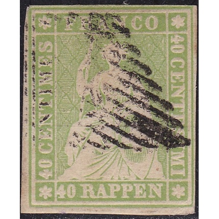 1855-57 SVIZZERA, Catalogo Unificato n. 30d - 40 rappen verde - Firmato Raybaudi