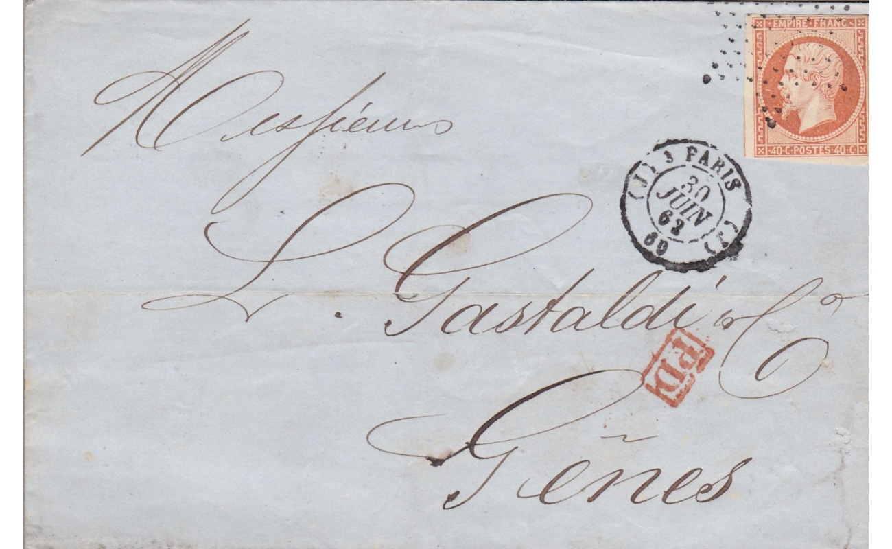 1862 FRANCIA, 40c. n° 16 su lettera per Genova con annullo stella/étoile