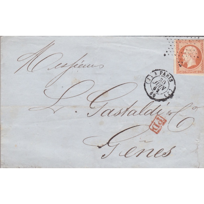 1862 FRANCIA, 40c. n° 16 su lettera per Genova con annullo stella/étoile