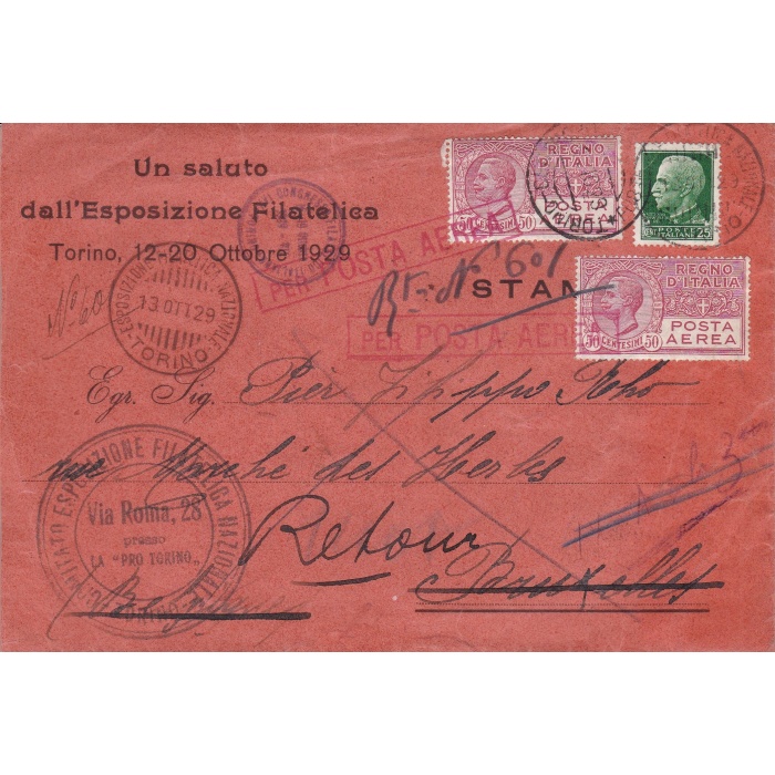 1929 Italia - Regno, Esposizione Filatelica di Torino PA 2A (x2)+n° 248 su lettera del 13 ottobre