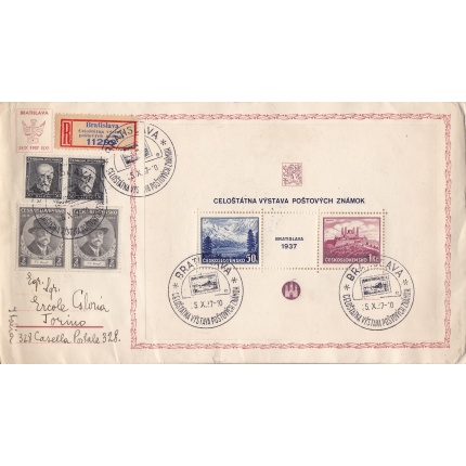 1937 CECOSLOVACCHIA ,CESKOSLOVENSKO, BF 1 su lettera Raccomandata per Milano + affrancatura complementare e chiudilettera