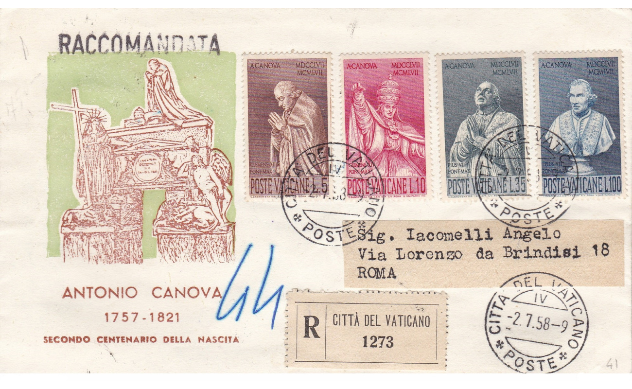 1958 Città del Vaticano, n. 243/246 serie su   RACCOMANDATA VIAGGIATA