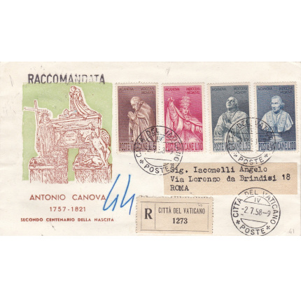 1958 Città del Vaticano, n. 243/246 serie su   RACCOMANDATA VIAGGIATA