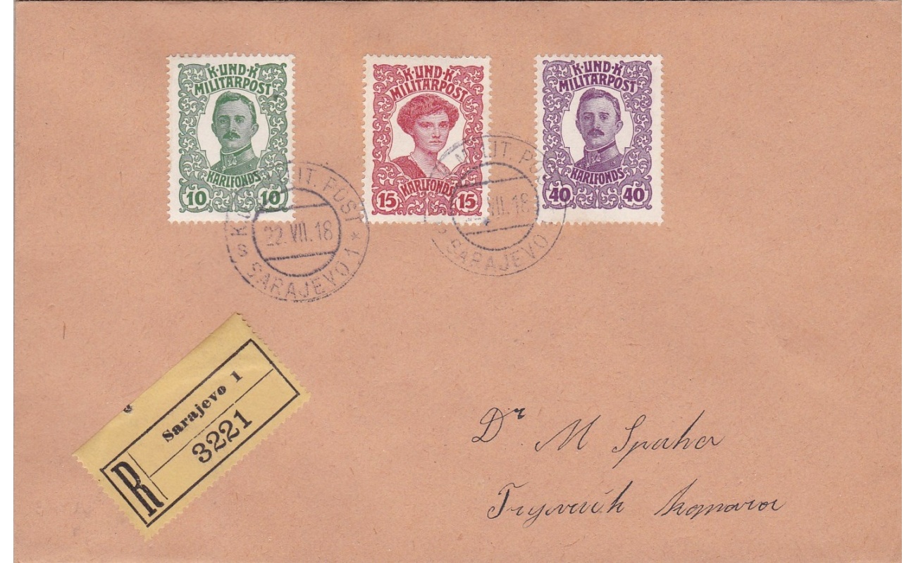 1918 BOSNIA ERZEGOVINA, Unificato n° 138/140 su lettera PRIMI GIORNI D'USO