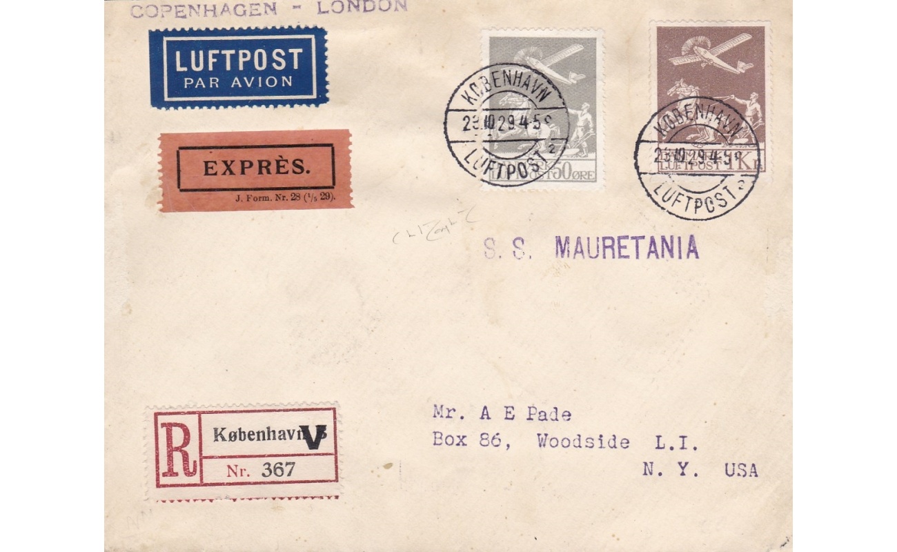 1925/29 DANIMARCA  - Posta Aerea n° 1/5 la serie completa su due buste viaggiate Firmate Raybaudi