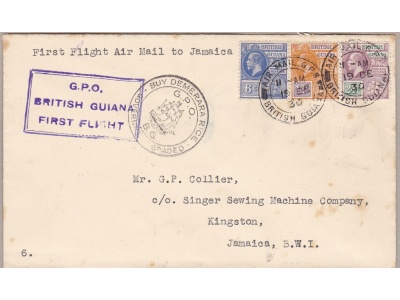 1929 BRITISH GUYANA/GUYANA BRITANNICA, first flight to PARAMARIBO (CURACAO) SCARCE ITEM