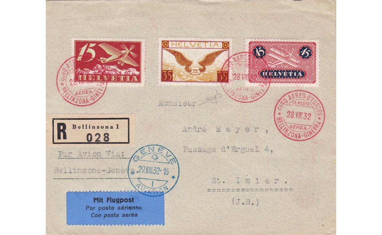 1932 SVIZZERA , Europa Rundflug SF 32.9 Bellinzona-Genf Posta Aerea Raccomandata Firmata Raybaudi