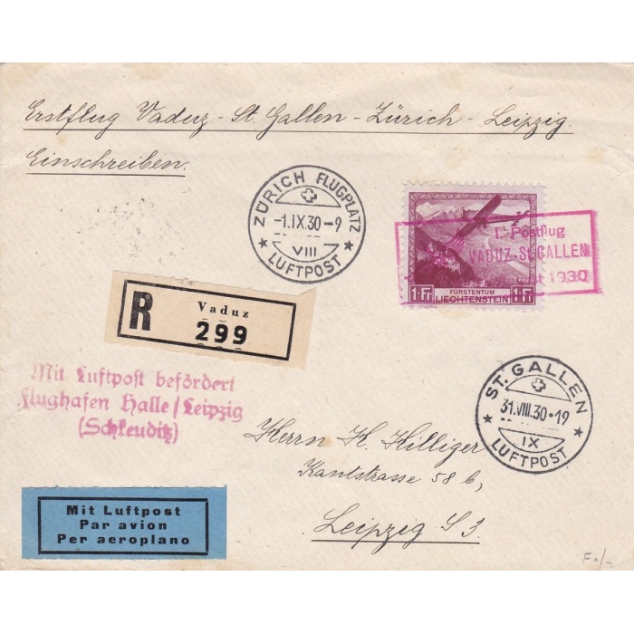 1930 LIECHTENSTEIN, Flight Vaduz-Zurich-St. Gallen Registered letter franked with Zum. 6 1Fr.