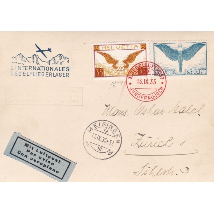 1935 SVIZZERA , Segelluftpost Jungfraujoch SF 35.5 Ast Meiringen