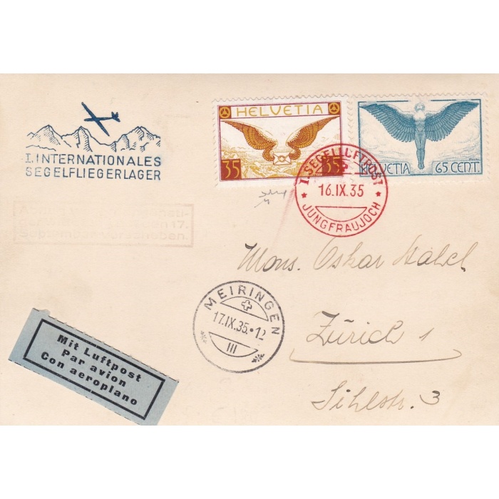 1935 SVIZZERA , Segelluftpost Jungfraujoch SF 35.5 Ast Meiringen