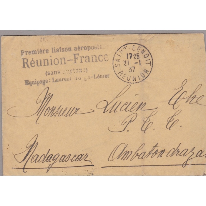 1937 REUNION, Yvert  PA n° 1  Courrier d'escales au depart de la Réunion CS sur 4 lignes Firma E. Diena