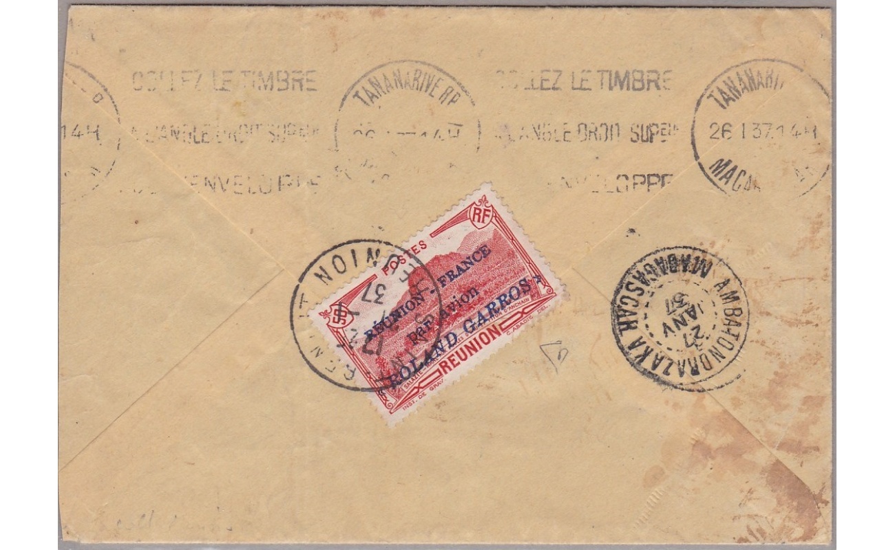 1937 REUNION, Yvert  PA n° 1  Courrier d'escales au depart de la Réunion CS sur 4 lignes Firma E. Diena