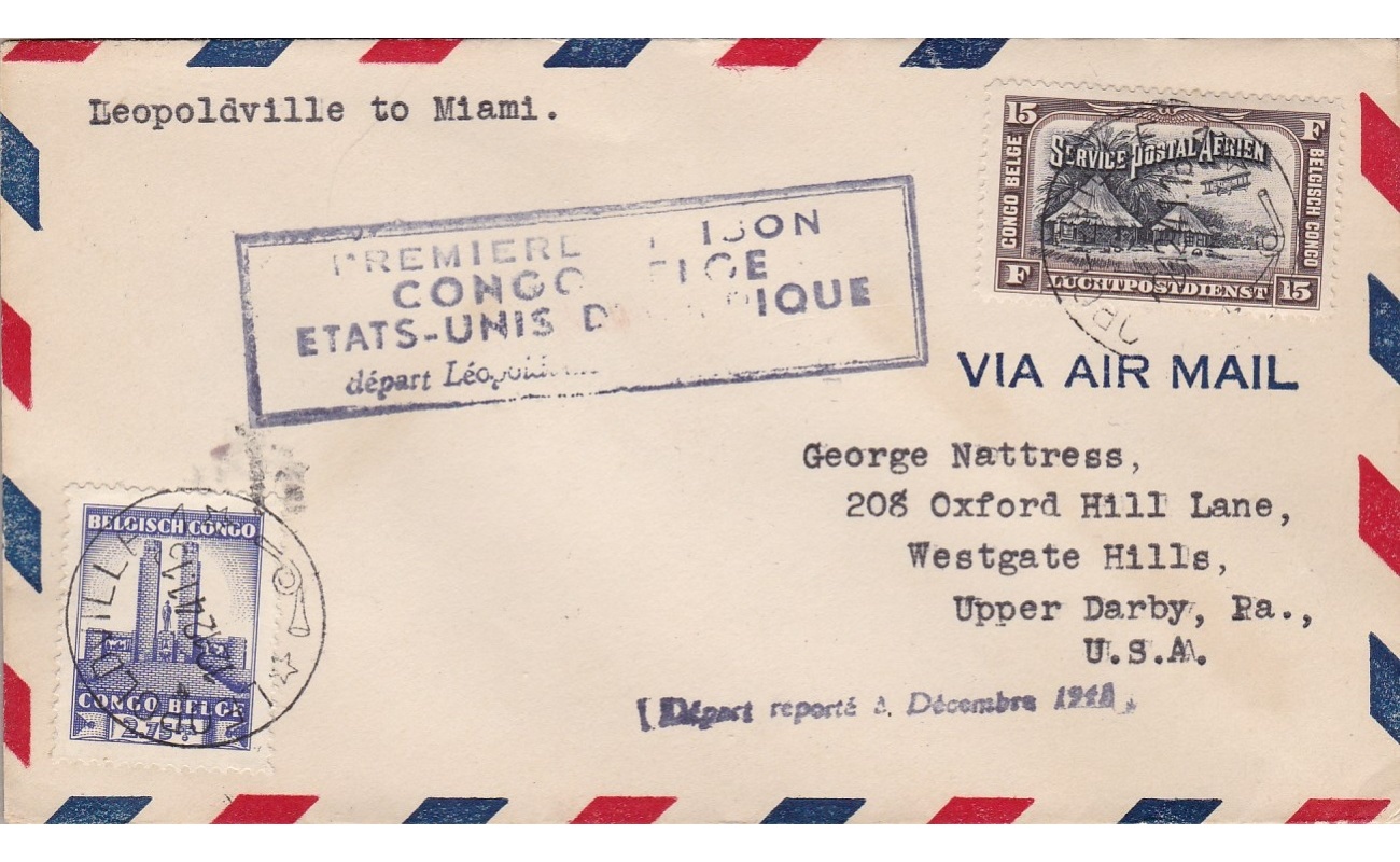 1941 CONGO BELGA/BELGISCH CONGO, FIRST FLIGHT Leopoldville-Miami