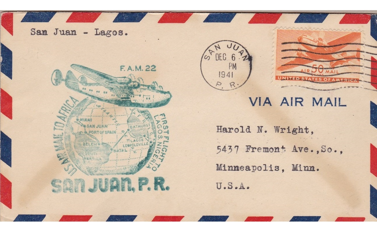 1938 PORTORICO, FIRST FLIGHT San Juan-Lagos franked with US Air Post 50c.