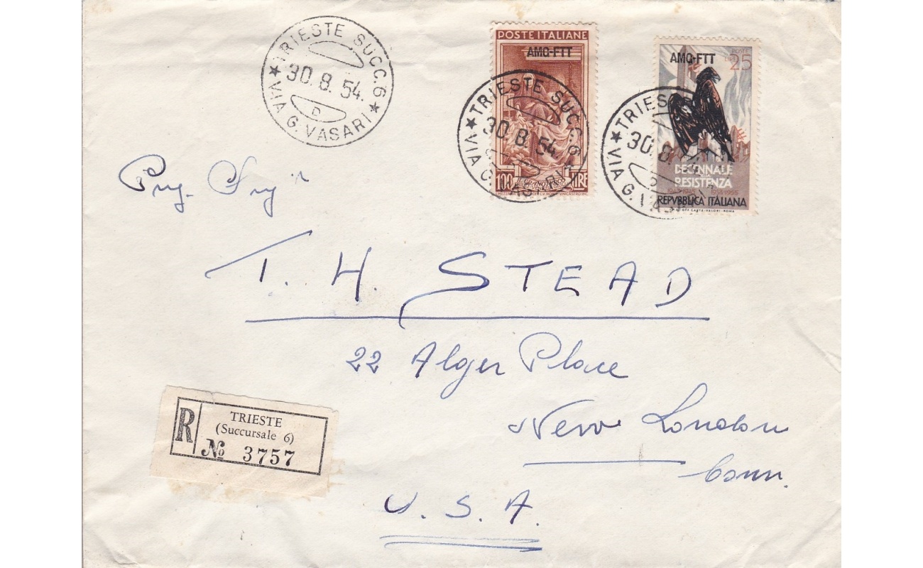 1954 TRIESTE A - Lettera Raccomandata viaggiata per gli Stati Uniti affrancata con il 100 Lire Italia al lavoro + n° 200