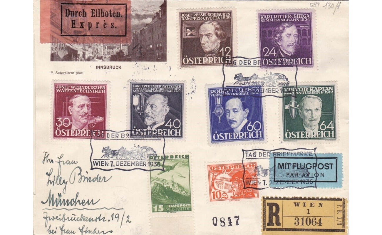 1936 AUSTRIA, Posta Aerea - n. 489/494 la serie completa su lettera Raccomandata Espresso per Posta Aerea