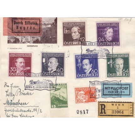 1936 AUSTRIA, Posta Aerea - n. 489/494 la serie completa su lettera Raccomandata Espresso per Posta Aerea