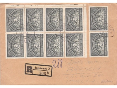 1952 AUSTRIA,  n. 816 blocco di 8 , raccomandata da Innsbruck per Brescia (Italia)