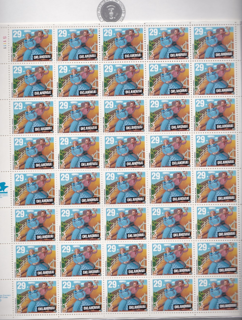 1993 Stati Uniti, n. 2462  Commedia musicale Oklahoma Foglio di 40 valori MNH**