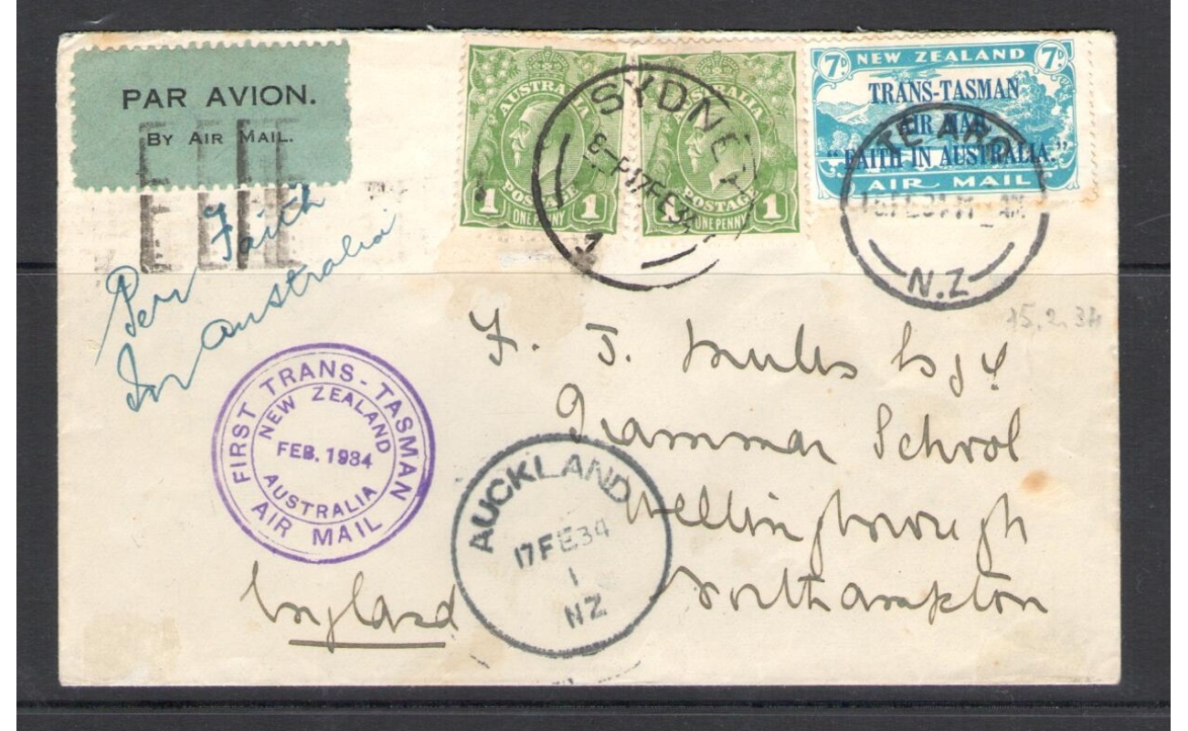 1934 NUOVA ZELANDA  , TRANS-TASMAN - Posta Aerea - 'Faith in Australia' SG 554 su busta per l'Australia