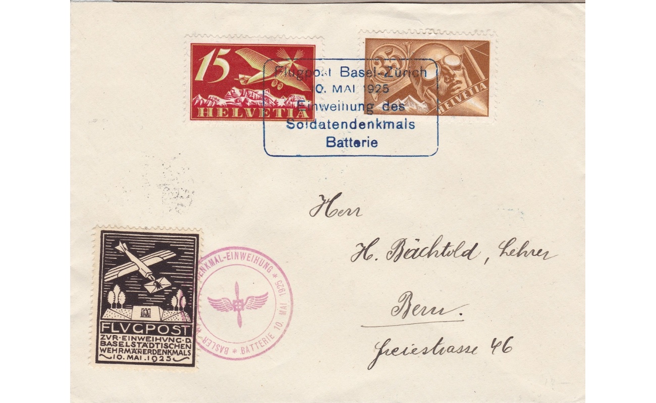 1925 SVIZZERA , Volo Basilea-Zurigo Lettera con la vignetta speciale