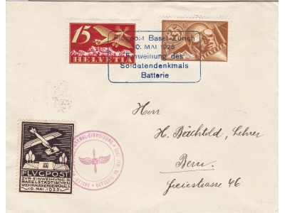 1925 SVIZZERA , Volo Basilea-Zurigo Lettera con la vignetta speciale
