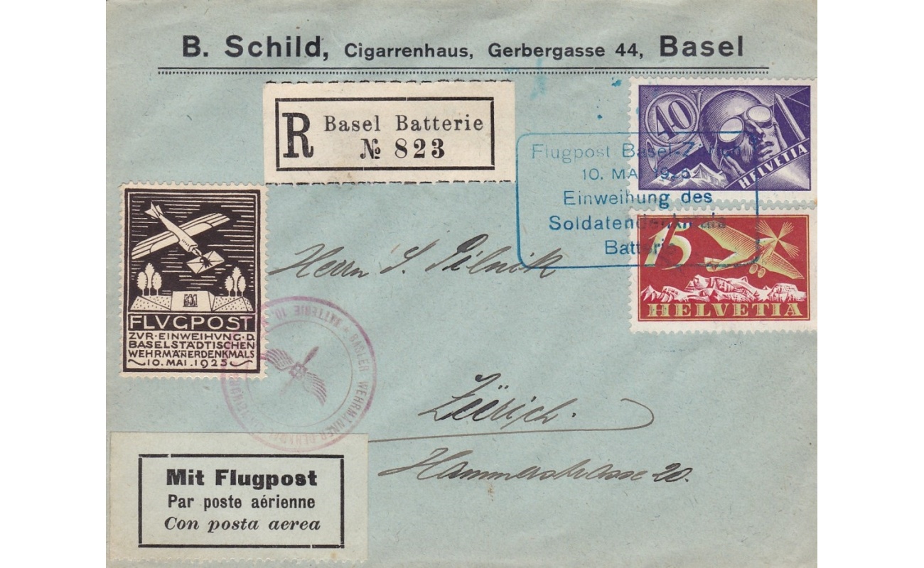 1925 SVIZZERA , Volo Basilea-Zurigo Lettera Raccomandata Posta Aerea con la vignetta speciale