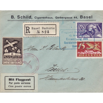 1925 SVIZZERA , Volo Basilea-Zurigo Lettera Raccomandata Posta Aerea con la vignetta speciale