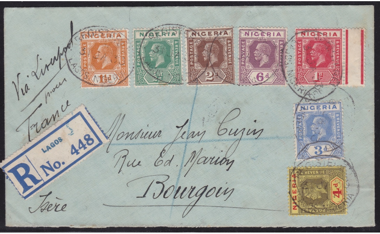 1933 NIGERIA - Registered cover from Lagos to France franked with 7 values of different colours - VERY FINE