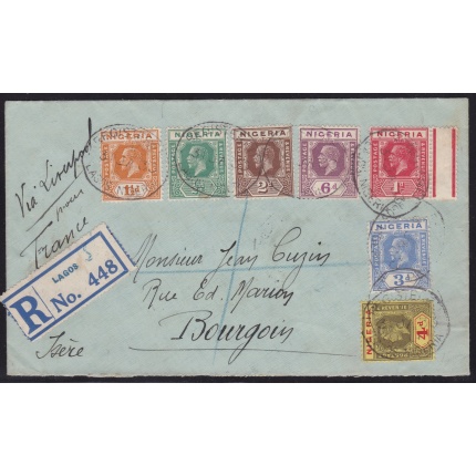 1933 NIGERIA - Registered cover from Lagos to France franked with 7 values of different colours - VERY FINE