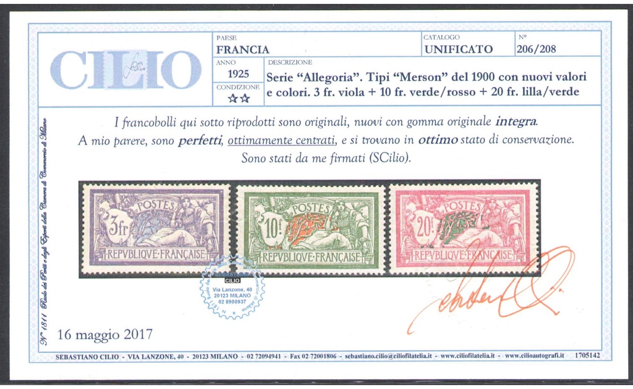 1925-26 FRANCIA - Allegorie Tipo "Merson" 3 valori ,  n° 206-208 MNH** Certificato Cilio