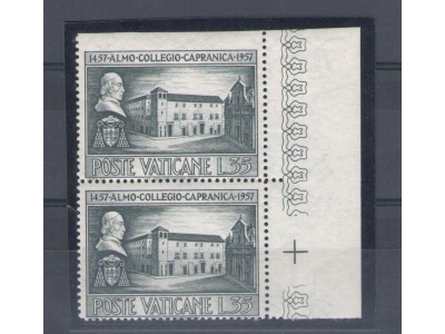 1957 VATICANO - n° 225a Capranica 35 Lire ardesia non dentellato in alto in coppia con il francobollo normale , Firma A. Diena MNH**