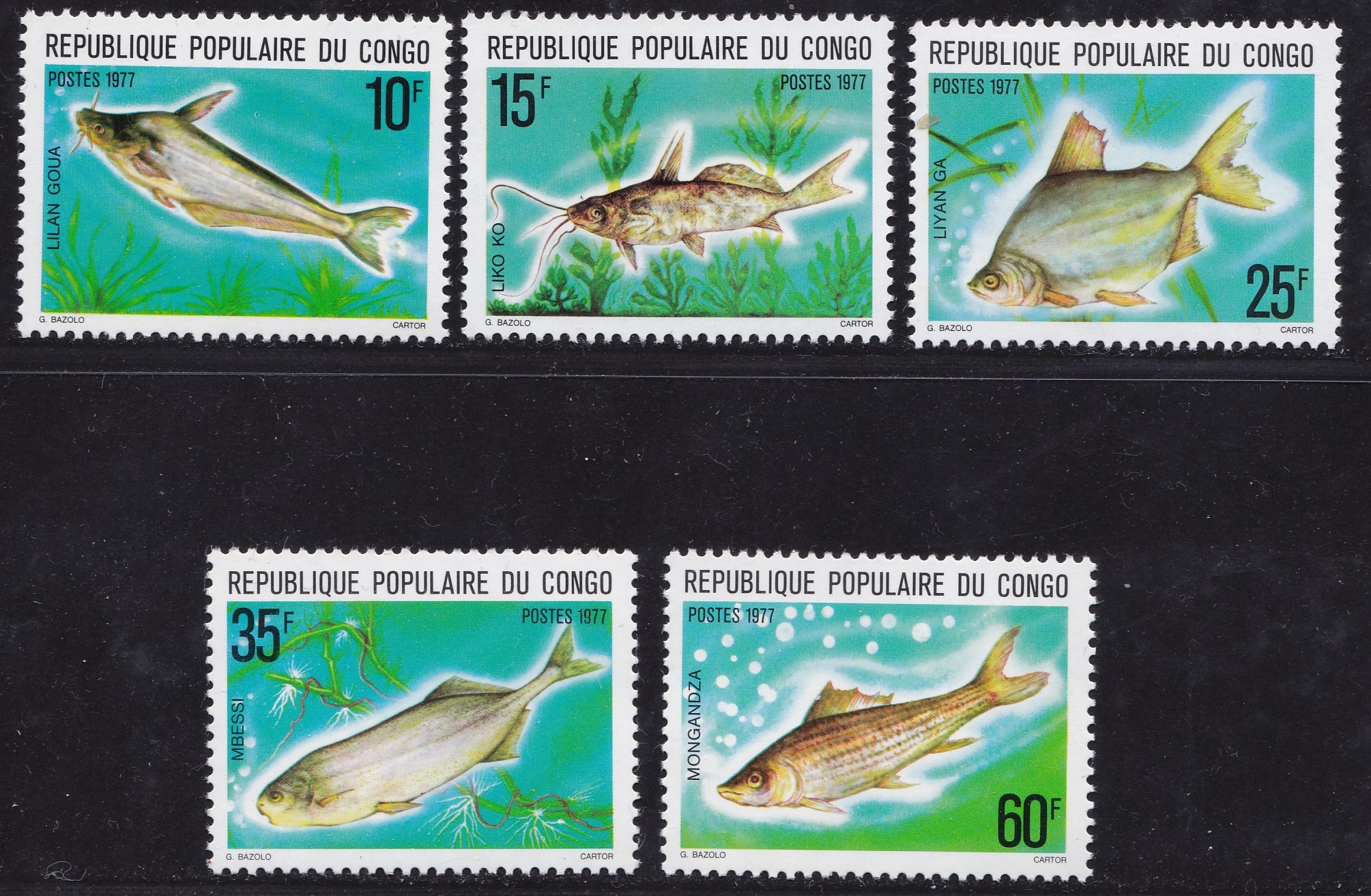 1977 CONGO -  Pesci, Yvert n° 448/452 serie di 5 valori  MNH/**