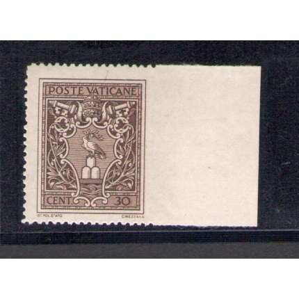 1945 VATICANO - n° 92f Medaglioncini 30 cent bruno non dentellato a destra MNH**