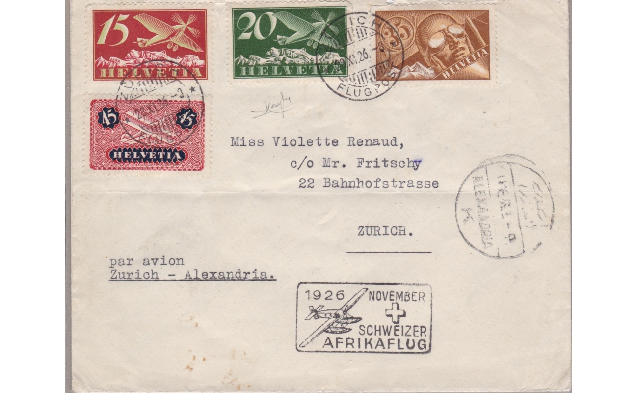 1926 SVIZZERA , AfrikaFlug Zurich-Alexandrie Lettera Firmata Raybaudi