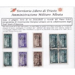 1949 TRIESTE A - n° 43/45 serie di tre valori NUOVA (MNH/**)+USATA + 5 Lire quartina usata