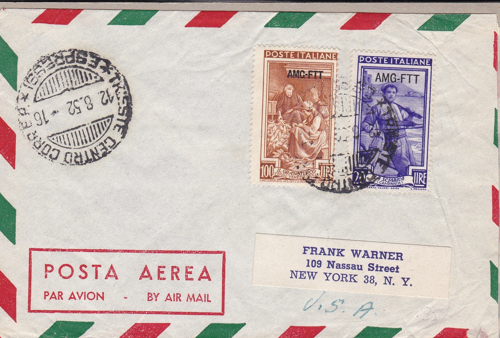 1950 TRIESTE A Lettera con il 100 Lire + 20 Lire della serie 'Italia al lavoro'