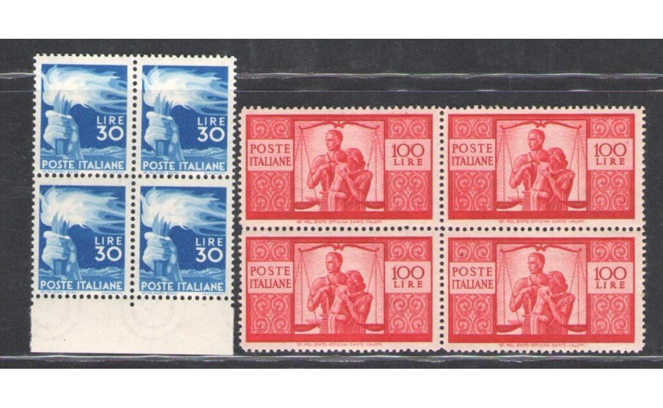 1945-48 REPUBBLICA Serie "Democratica" 23 valori, nuovi ,  Centrati MNH** QUARTINA Bordo di Foglio basso