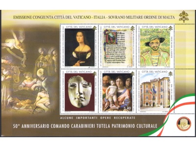 2019 Vaticano - Foglietto 50° Anniversario Comando Carabinieri Tutela Patrimonio Culturale - Emissione Congiunta  Vaticano - Italia - Smom MNH**
