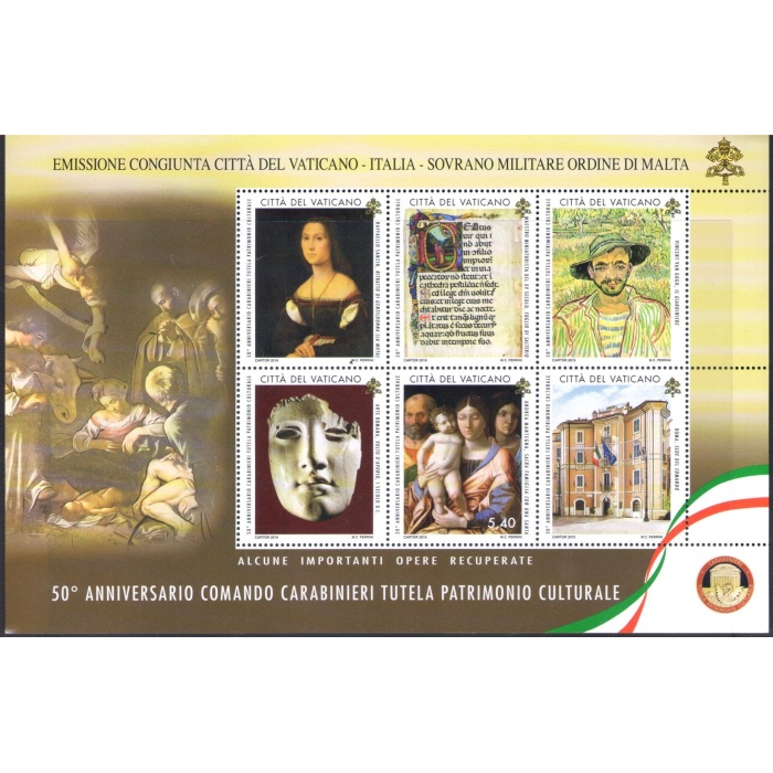 2019 Vaticano - Foglietto 50° Anniversario Comando Carabinieri Tutela Patrimonio Culturale - Emissione Congiunta  Vaticano - Italia - Smom MNH**