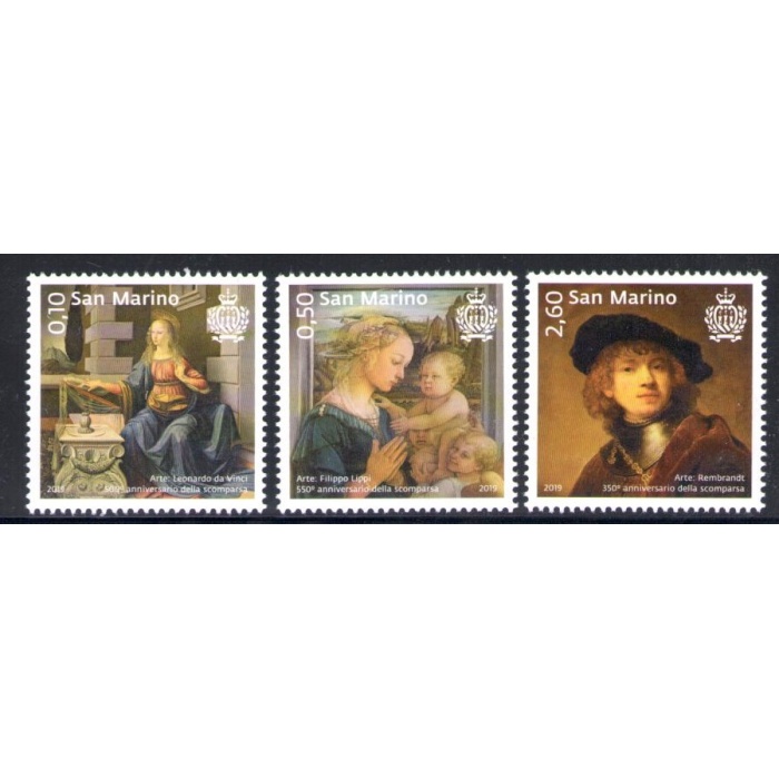 2019 San Marino Arte , Leonardo da Vinci, Filippo Lippi, Rembrandt 3 valori MNH**