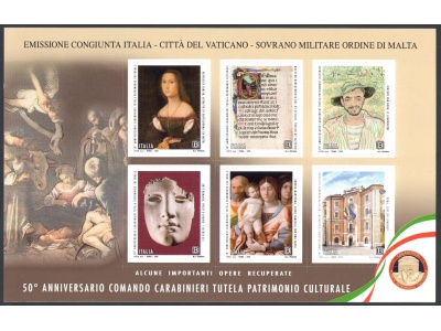 2019 REPUBBLICA , 50° Anniversario Carabinieri Tutela Patrimonio Culturale , Foglietto composto da 6 valori, Emissione Congiunta ,nuovo  e perfetto MNH**