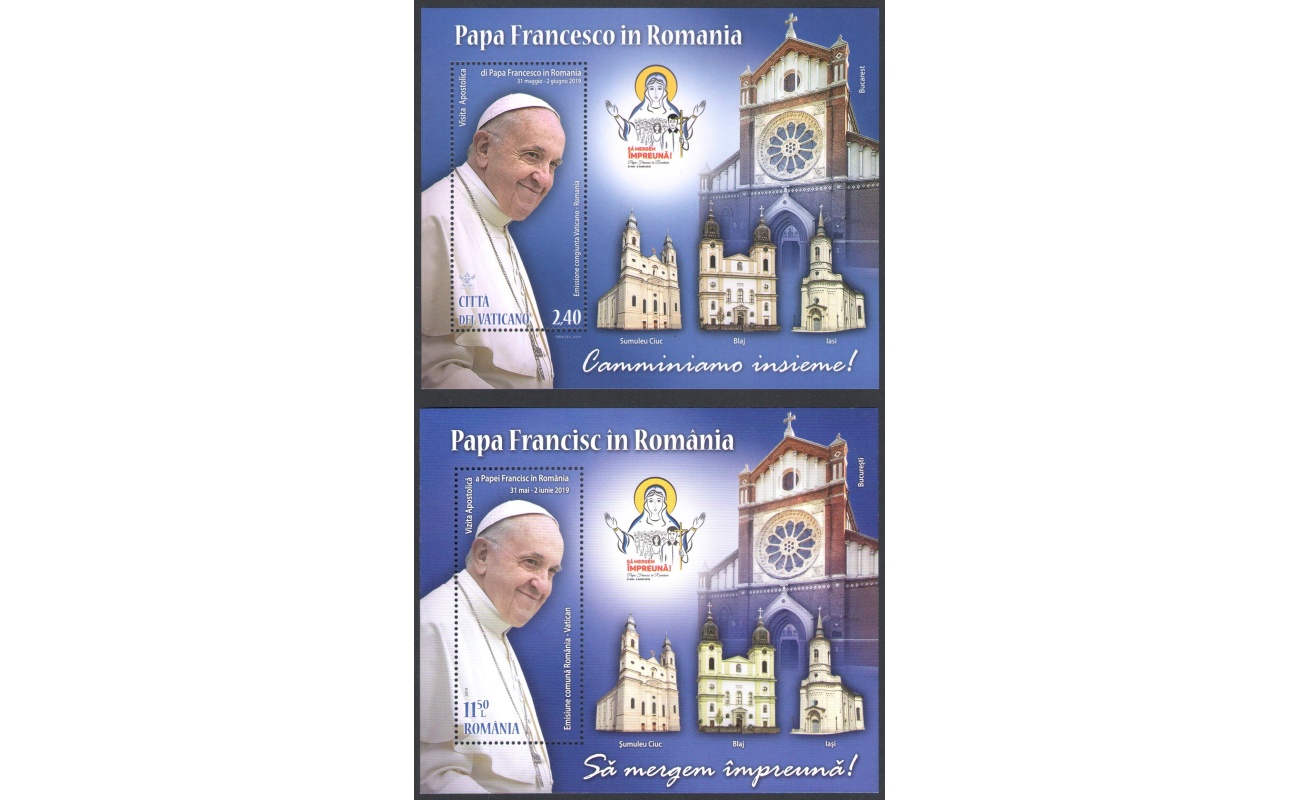 2019 Vaticano & Romania - 2 Foglietti Papa Francesco Romania e Vaticano - Emissioni Congiunte -  MNH**