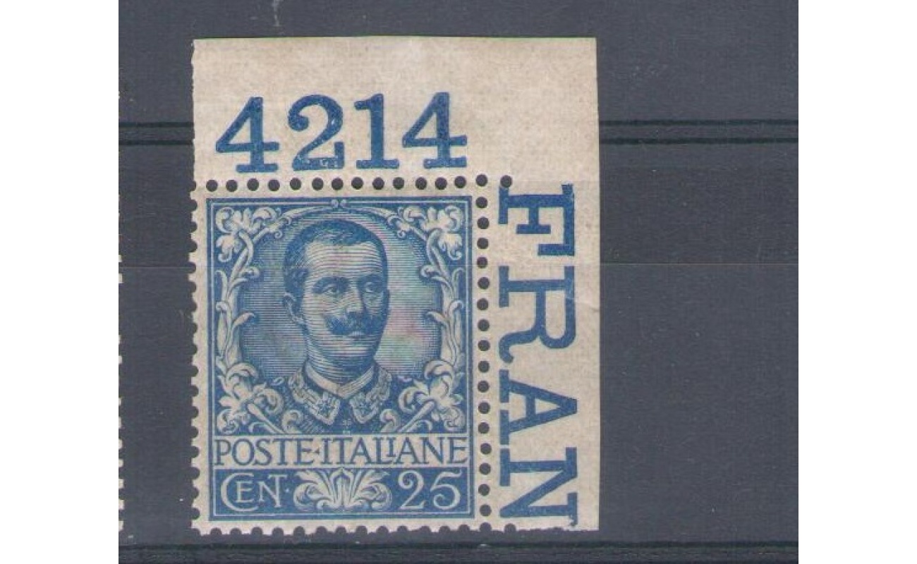 1901 REGNO - Vittorio Emanuele III - 25 cent Floreale Angolo di Foglio con numero di tavola 4214 n° 73 - centratissimo MNH**