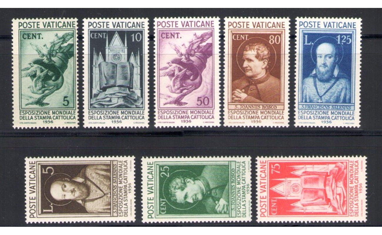 1936 Vaticano,  Francobolli nuovi , Annata Completa 8 valori di Posta ORDINARIA (serie Stampa Cattolica) MNH **